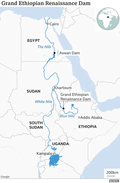 A map showing the White Nile (flowing from Uganda, through South Sudan to Khartoum in Sudan) and Blue Nile (from Ethiopia to Khartoum) and the Nile from Khartoum up through Egypt. It also shows the location of the Aswan Dam in Egypt and the Grand Renaissance Dam in Ethiopia.