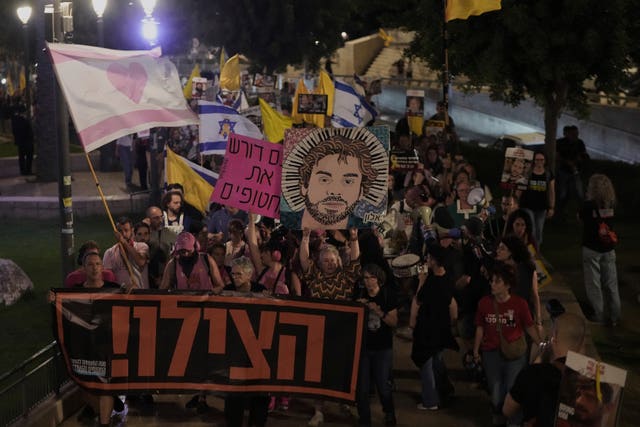 Relatives and supporters of Israeli hostages held in the Gaza Strip take part in a protest 