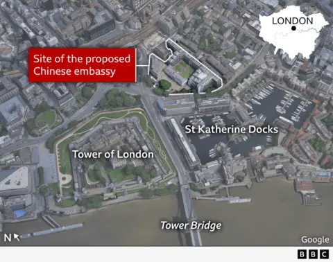 A graphic showing the location of the proposed Chinese embassy near the Tower of London and St Katherine Docks