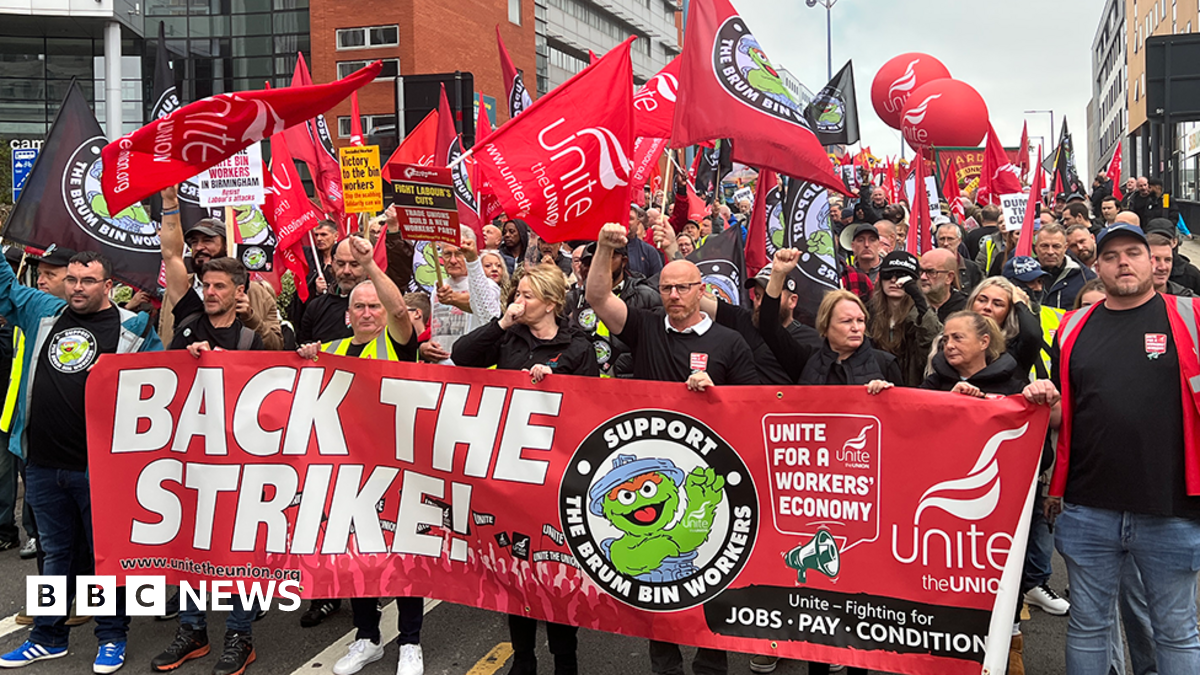 A crowd of people are holding red flags bearing the word Unite while the row at the front are holding a large banner bearing the words 'back the strike'