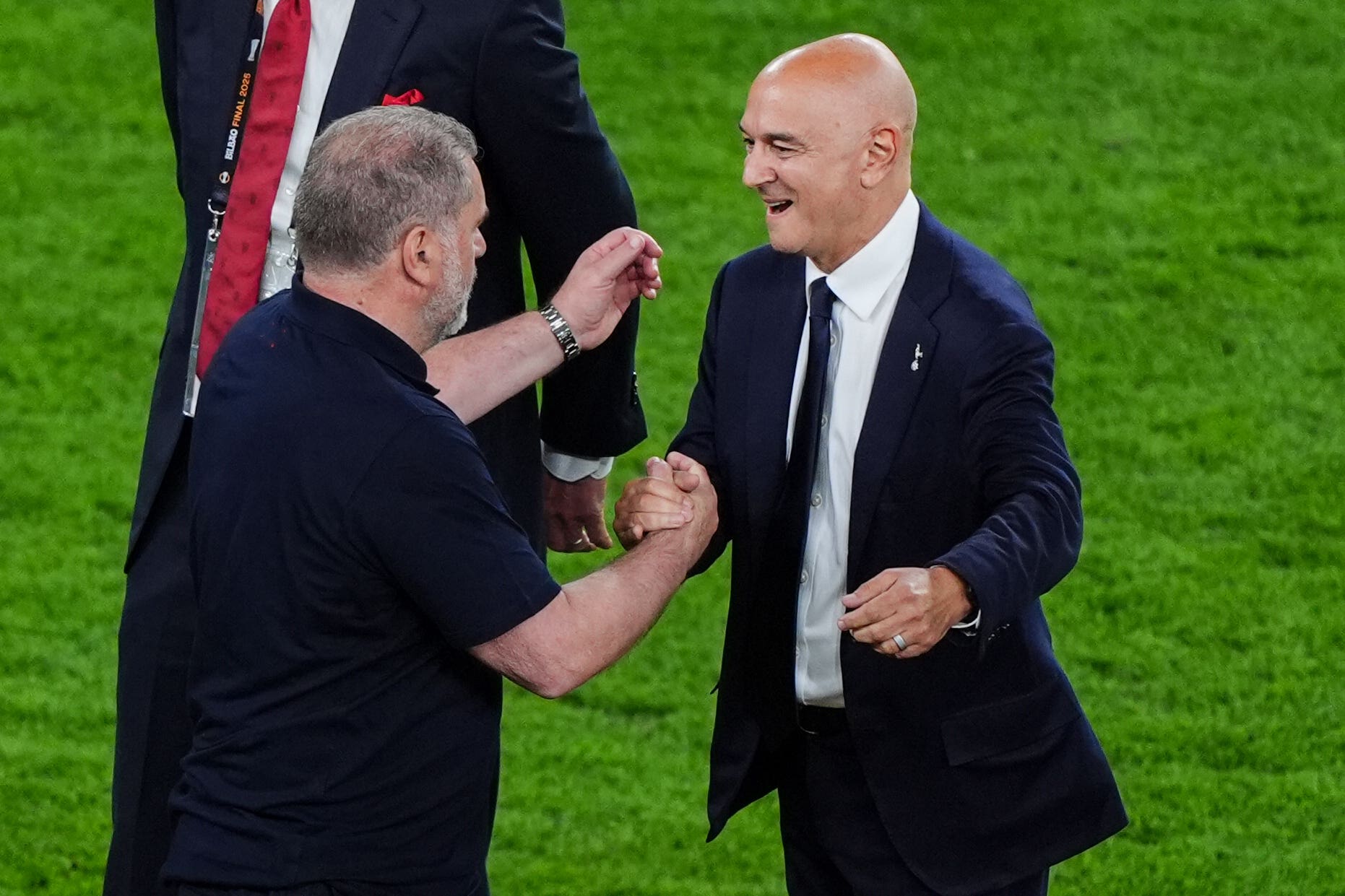 The then Tottenham manager Ange Postecoglou, left, with chair Daniel Levy after their Europa League triumph