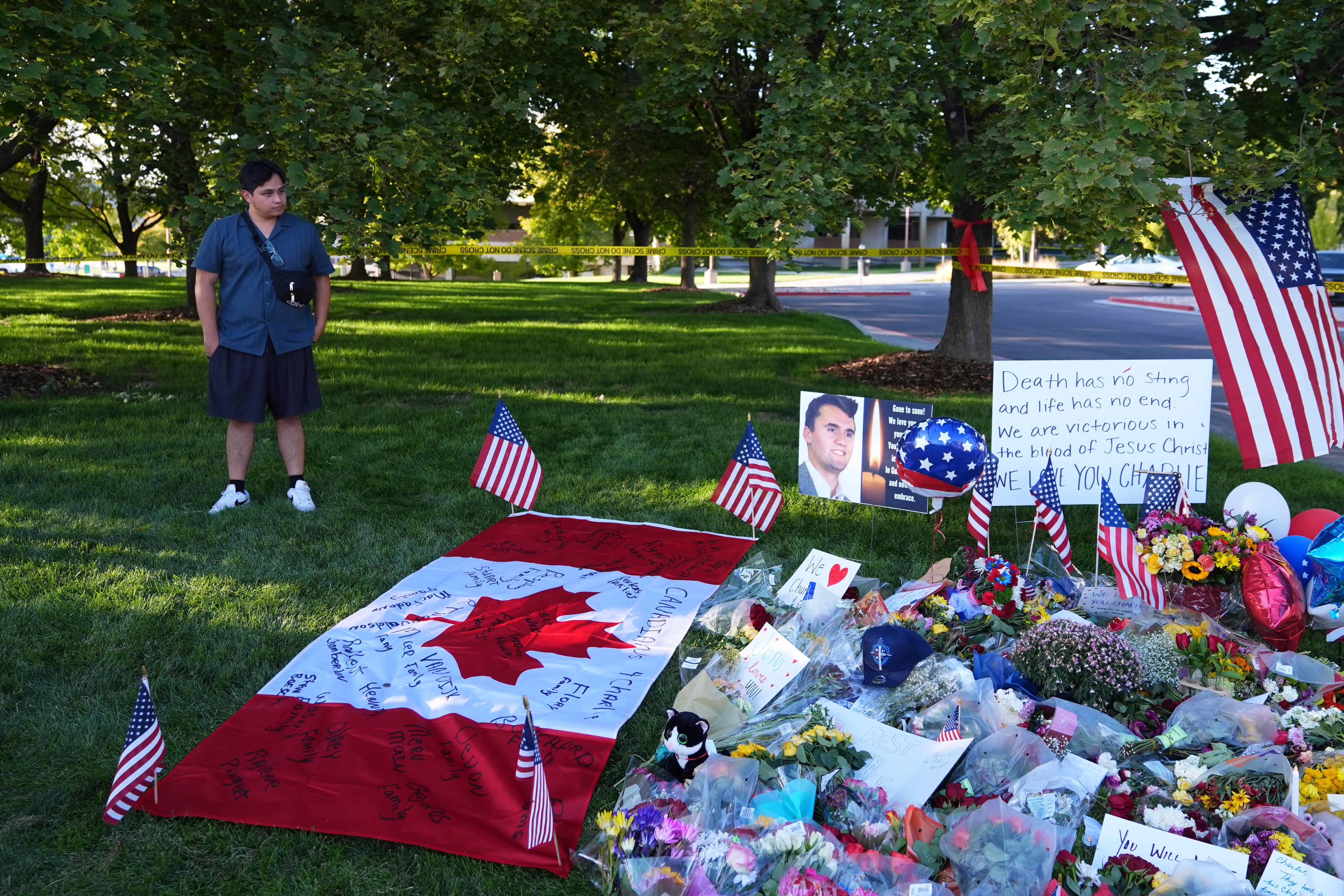 Utah Valley University student Alec Vera stands near a memorial for Charlie Kirk as he reflects on the week’s events