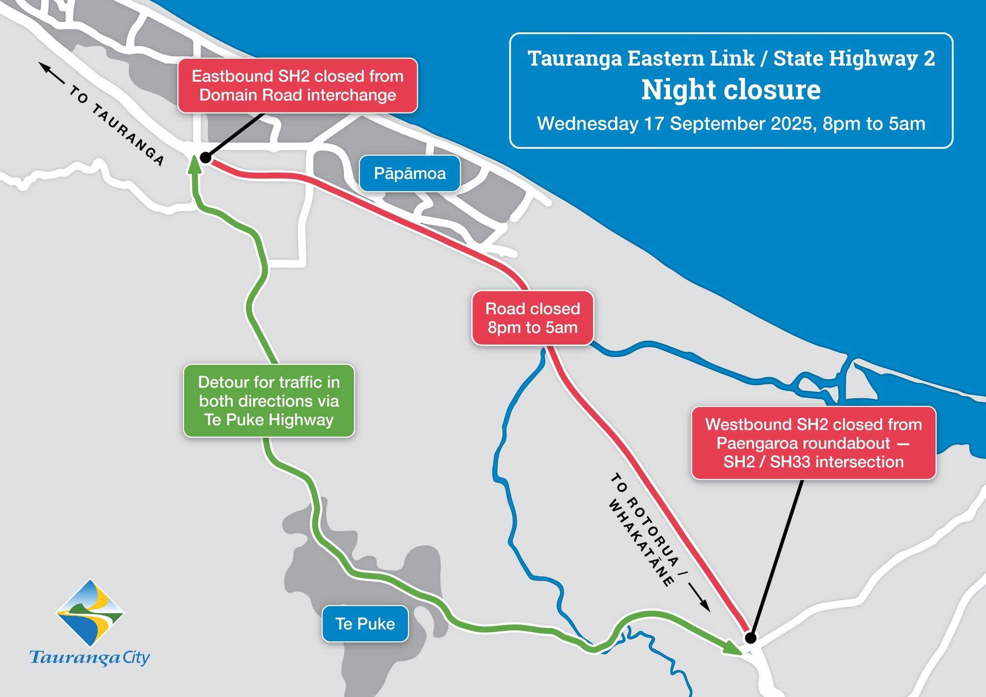  A night closure is being planned for the Tauranga Eastern Link on Wednesday, September 17. Image / Tauranga City Council