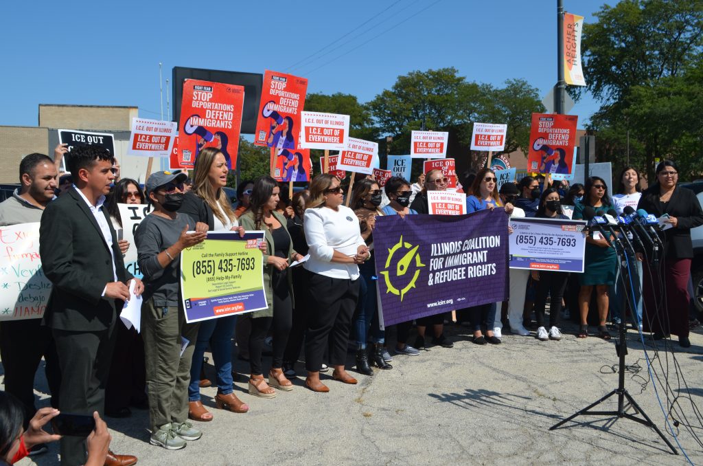 Southwest Side officials and immigration advocates speak at a press conference denouncing immigration arrests, signaling the start of "Operation Midway Blitz," as seen on Sept. 8, 2025.