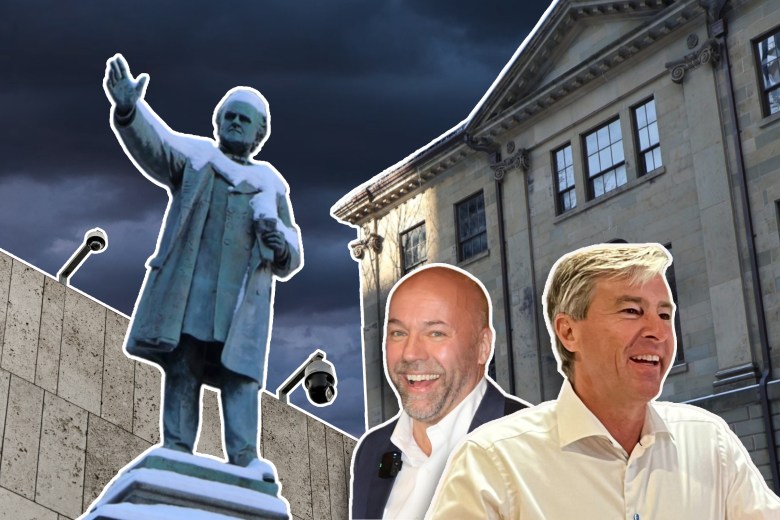 A montage of images: Tim Houston and Andy Fillmore laughing happily' province House; the statue of Joe Howe with arm upraised; a concrete wall with surveillance cameras; a dark and stormy sky.
