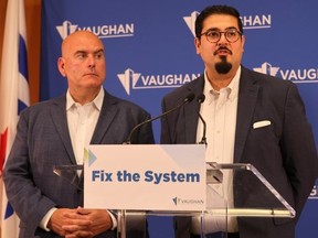 (R) Naeem Farooqi, brother of Alex Farooqi, 46, who was killed during a home invasion in his Vaughan home on Sunday, speaks at Vaughan City Hall with (L) Mayor Steven Del Duca on Wednesday, Sept. 3, 2025.