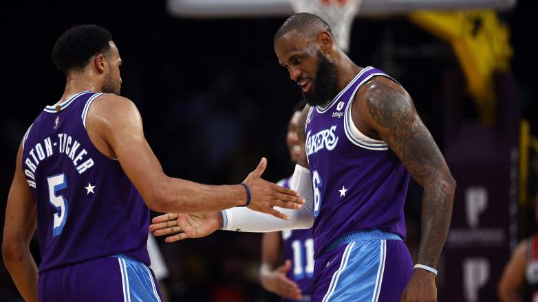 Los Angeles Lakers forward LeBron James celebrates with guard Talen Horton-Tucker
