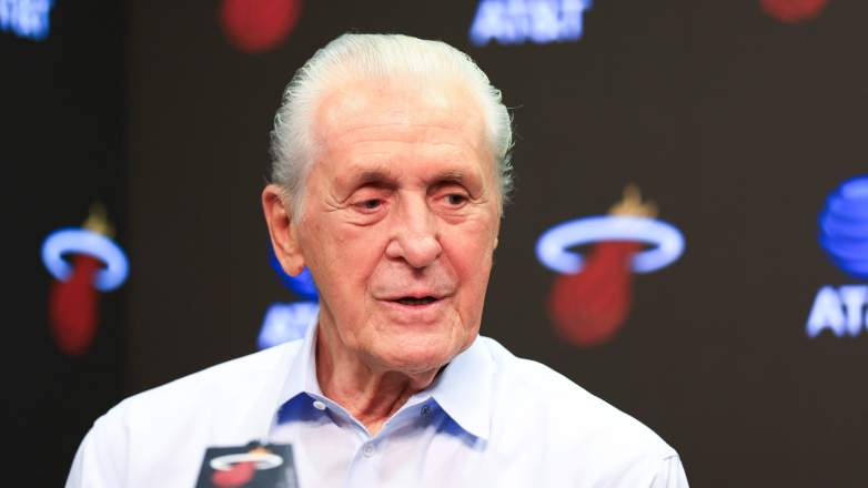 Miami Heat executive Pat Riley answers questions at a press conference