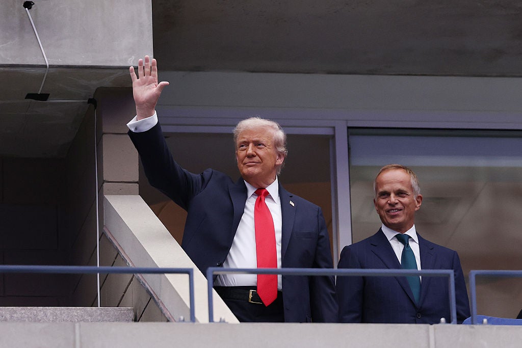 Donald Trump arrives to attend the men's singles final tennis match between Spain's Carlos Alcaraz and Italy's Jannik Sinner on the last day of the US Open tennis tournament. The president’s arrival was met with a mixture of cheers and boos