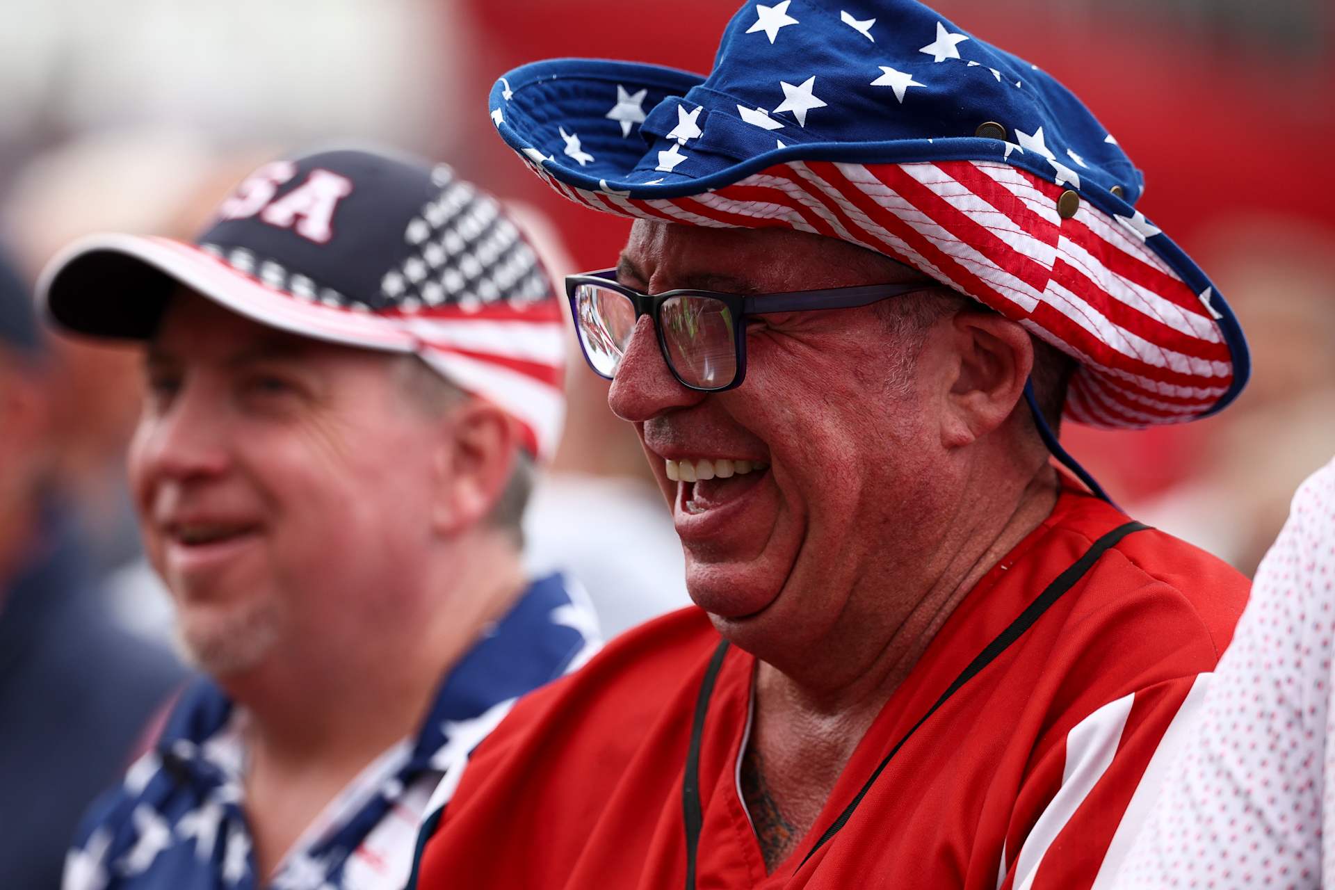 FARMINGDALE, NEW YORK - SEPTEMBER 24: A fan in support of Team United States reacts during the opening ceremony for the 2025 Ryder Cup at Black Course at Bethpage State Park Golf Course on September 24, 2025 in Farmingdale, New York. (Photo by Jared C. Tilton/Getty Images)