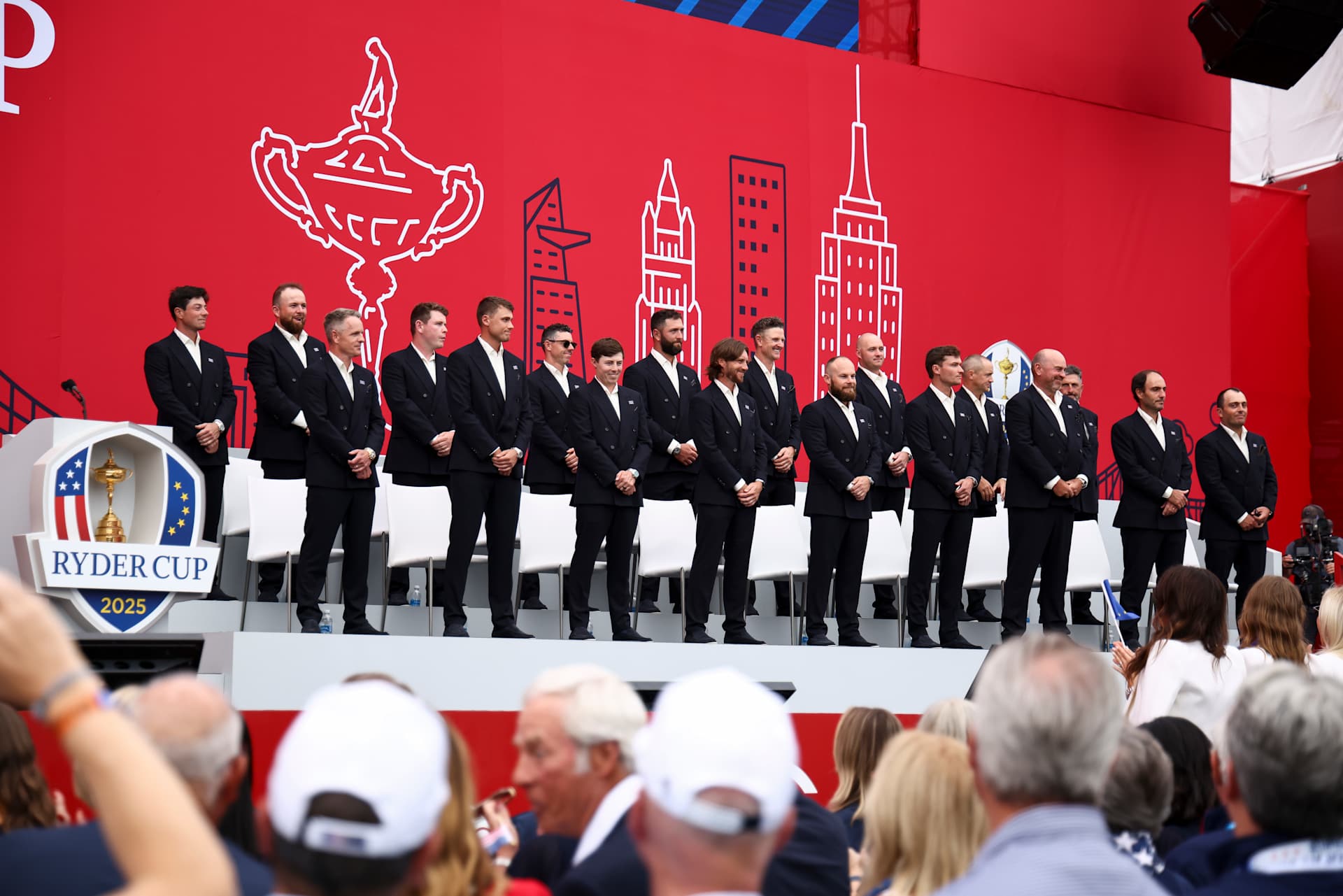 FARMINGDALE, NEW YORK - SEPTEMBER 24: (Top L-R) Viktor Hovland, Shane Lowry, Robert MacIntyre, Rory McIlroy, Jon Rahm, Justin Rose, Sepp Straka, vice captain Alex Noren, vice captain Jose Maria Olazabal, (bottom L-R) Captain Luke Donald, Ludvig Aberg, Matt Fitzpatrick, Tommy Fleetwood, Tyrrell Hatton, Rasmus Hojgaard, vice captain Thomas Bjorn, vice captain Edoardo Molinari and vice captain Francesco Molinari of Team Europe take paqrt in the opening ceremony for the 2025 Ryder Cup at Black Course at Bethpage State Park Golf Course on September 24, 2025 in Farmingdale, New York. (Photo by Jared C. Tilton/Getty Images)