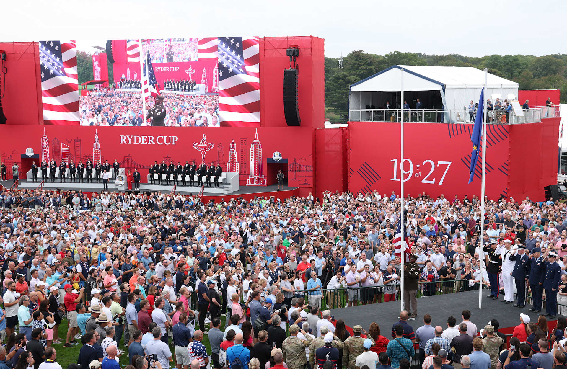 FARMINGDALE, NEW YORK - SEPTEMBER 24: Michael DelGuidice sings the national anthem during the opening ceremony for the 2025 Ryder Cup at Black Course at Bethpage State Park Golf Course on September 24, 2025 in Farmingdale, New York. (Photo by Jamie Squire/Getty Images)
