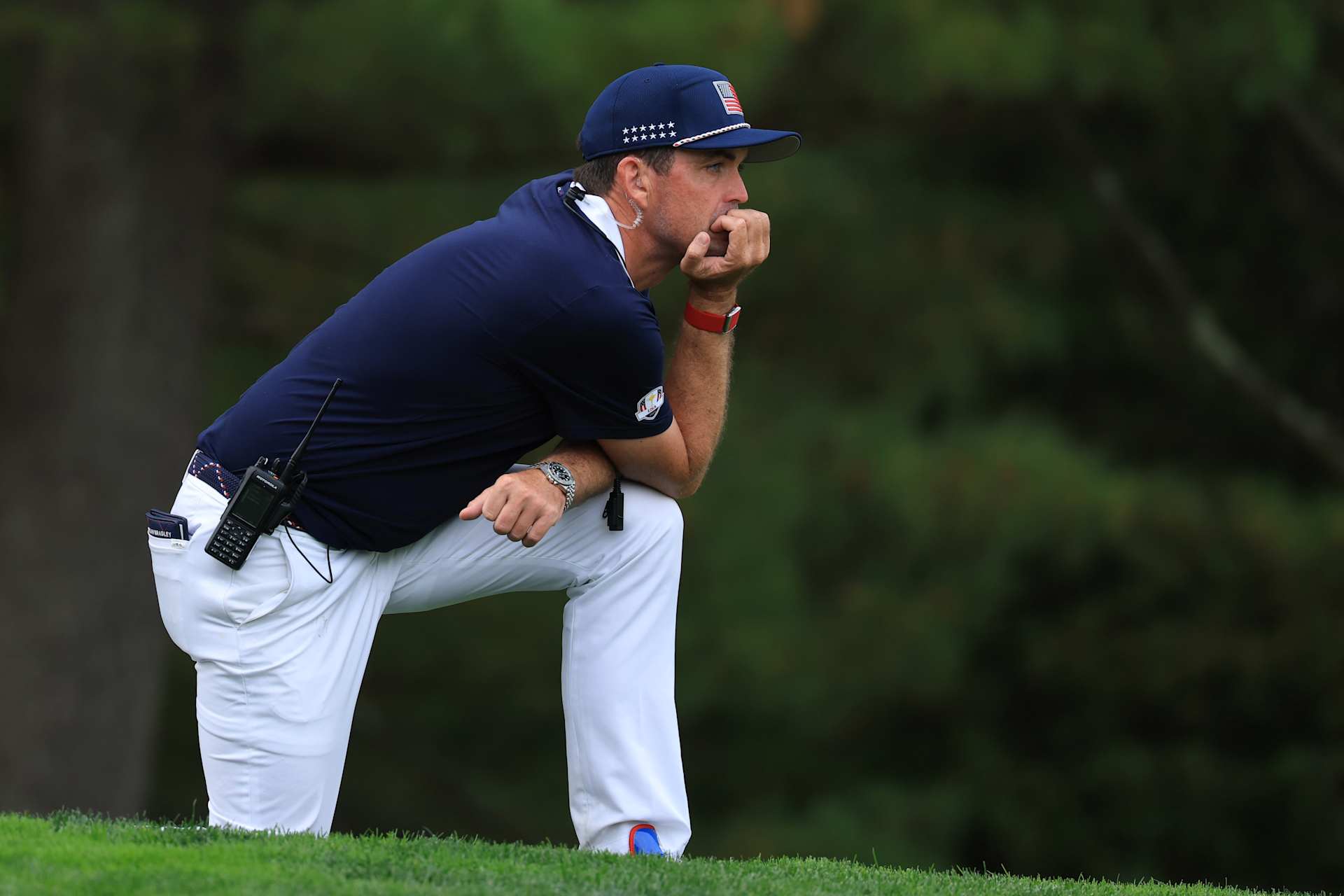 FARMINGDALE, NEW YORK - SEPTEMBER 27:   Team United States Captain Keegan Bradley watches on the 13th hole during the Saturday afternoon four-balls matches of the 2025 Ryder Cup at Black Course at Bethpage State Park Golf Course on September 27, 2025 in Farmingdale, New York. (Photo by David Cannon/Getty Images)