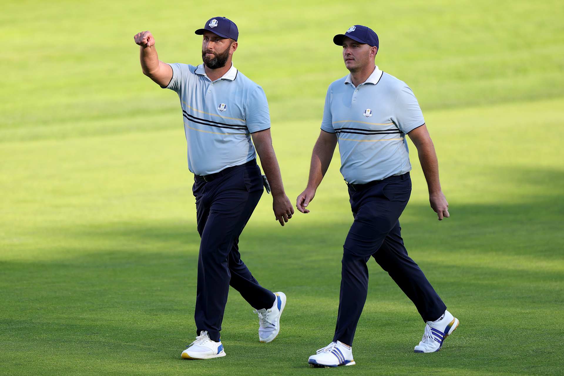 FARMINGDALE, NEW YORK - SEPTEMBER 26: Teammates Jon Rahm and Sepp Straka of Team Europe walk the 15th hole during the Friday afternoon four-ball matches of the 2025 Ryder Cup at Black Course at Bethpage State Park Golf Course on September 26, 2025 in Farmingdale, New York. (Photo by Andrew Redington/Getty Images)