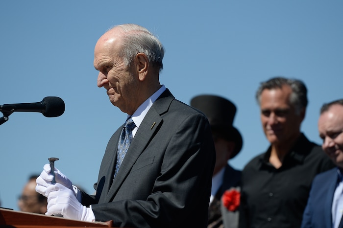 (Francisco Kjolseth  |  The Salt Lake Tribune)  Russell M. Nelson offers a few words on Friday May 10, 2019, in celebration of the 150th anniversary of the completion of the transcontinental railroad at Promontory Summit.