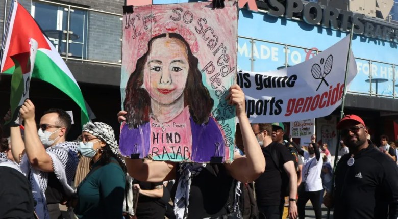 A poster showing the hand drawn sketch of a girl with long wavy hair. It reads " Rest in peace Hind Rajab. It ao shows her last words, " I'm so scared please come."