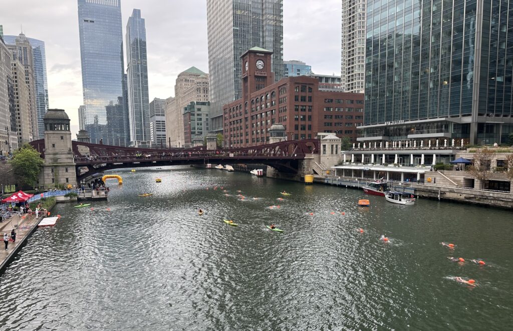 A wide view shows a line of swimmers in the Chicago River approaching a bridge, buildings towering over the water's edge