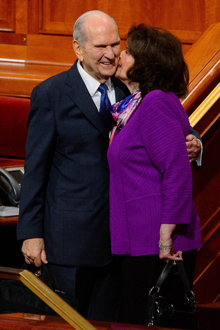 (Trent Nelson | The Salt Lake Tribune)  
President Russell M. Nelson, with his wife, Wendy, at the end of a session of General Conference in 2019.