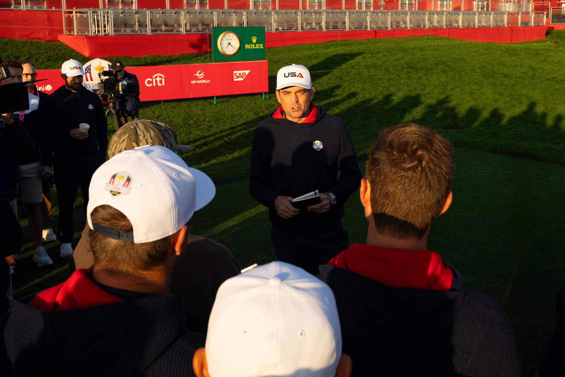 FARMINGDALE, NY - SEPTEMBER 22: Keegan Bradley speaks with Team USA during the 2025 Ryder Cup at Bethpage State Park on Monday, September 22, 2025 in Farmingdale, New York. (Photo by Darren Carroll/PGA of America)