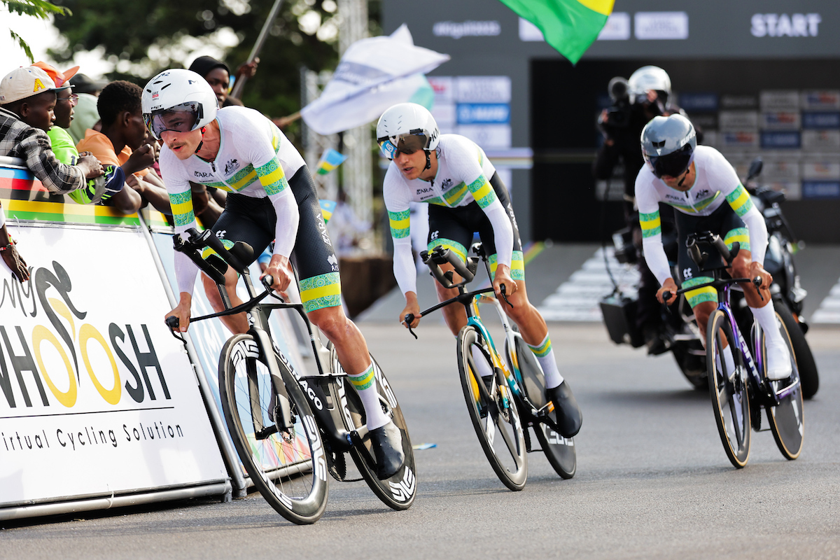 Picture by Alex Whitehead/SWpix.com - 24/09/2025 - Cycling - 2025 UCI Road World Championships - Kigali Convention Centre, Kigali, Rwanda - Team Time Trial Mixed Relay - Michael Matthews (Australia), Lucas Plapp (Australia), Jay Vine (Australia)