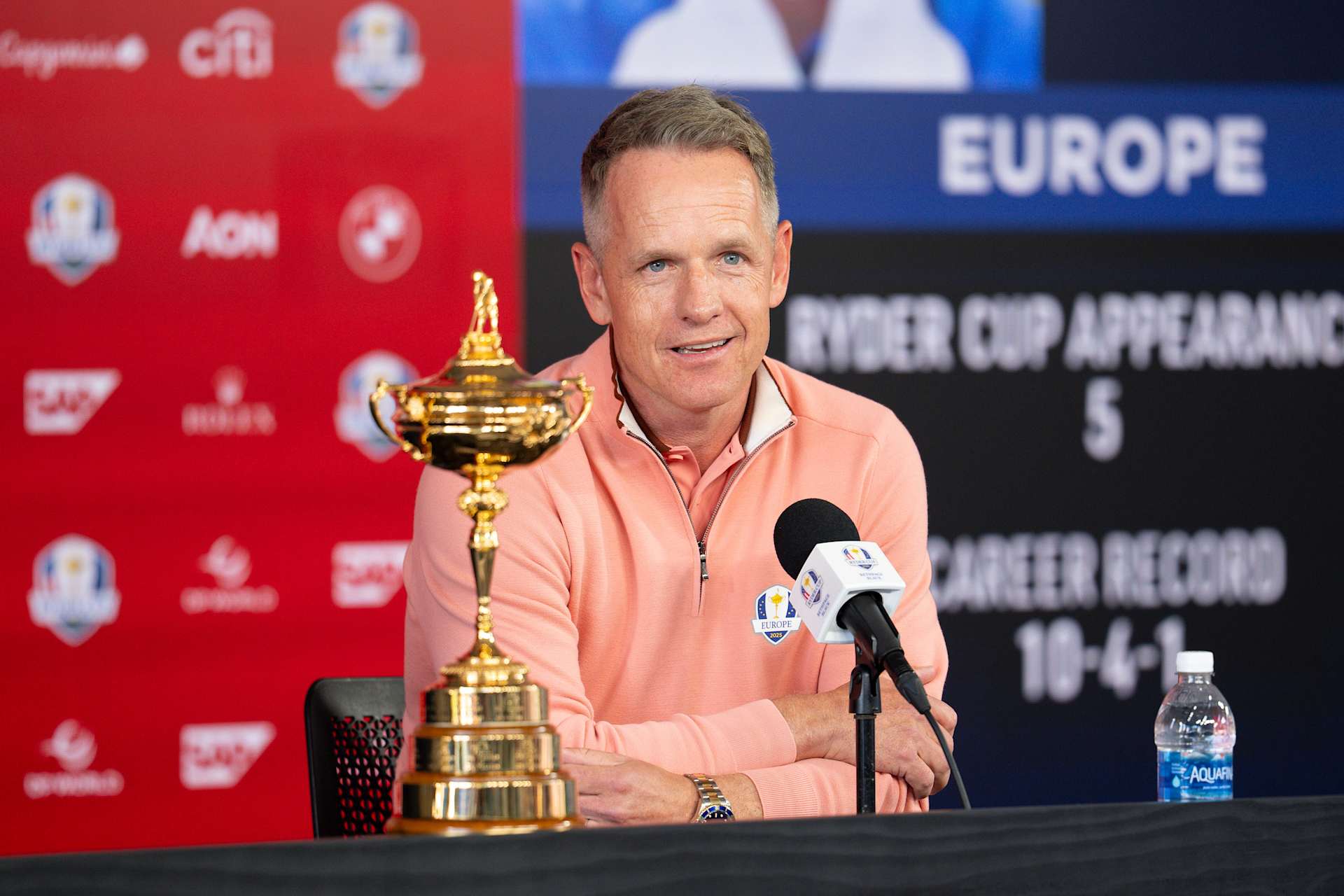 FARMINGDALE, NY - SEPTEMBER 22: Team Europe Captain Luke Donald sits for a media interview during the 2025 Ryder Cup at Bethpage State Park on Monday, September 22, 2025 in Farmingdale, New York. (Photo by Darren Carroll/PGA of America)