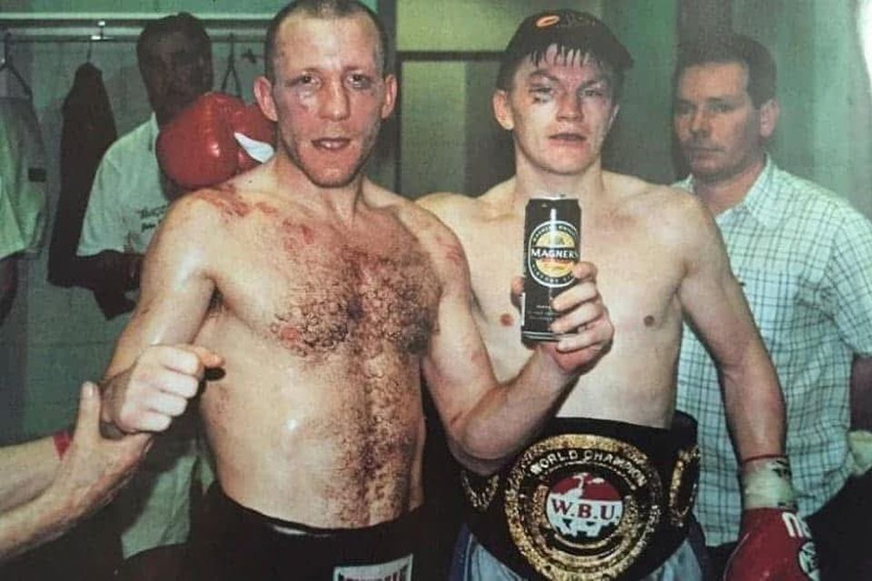 Eamonn Magee shares a post-fight drink with Ricky Hatton after their 2002 fight in Manchester