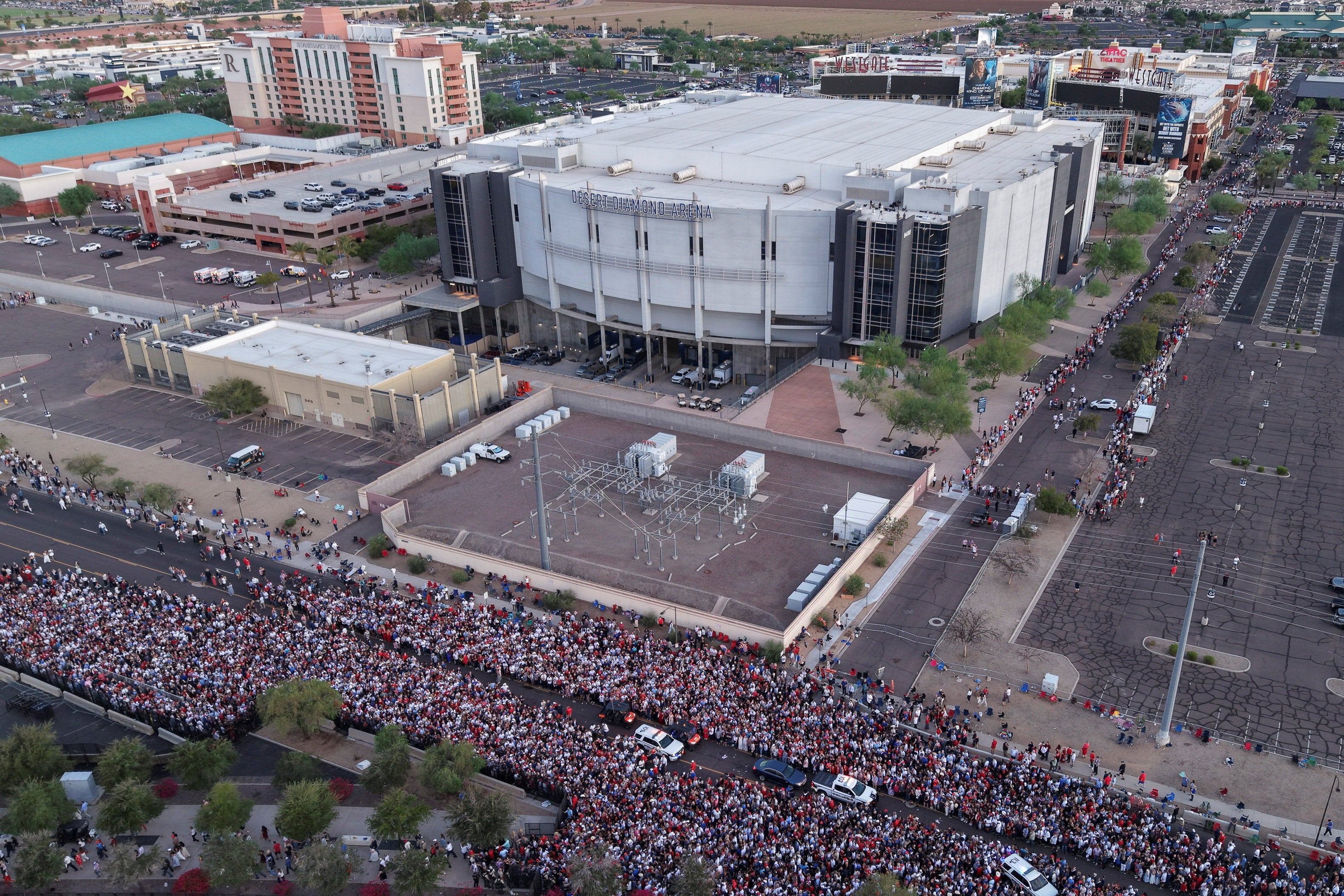Drone images capture the crowd outside