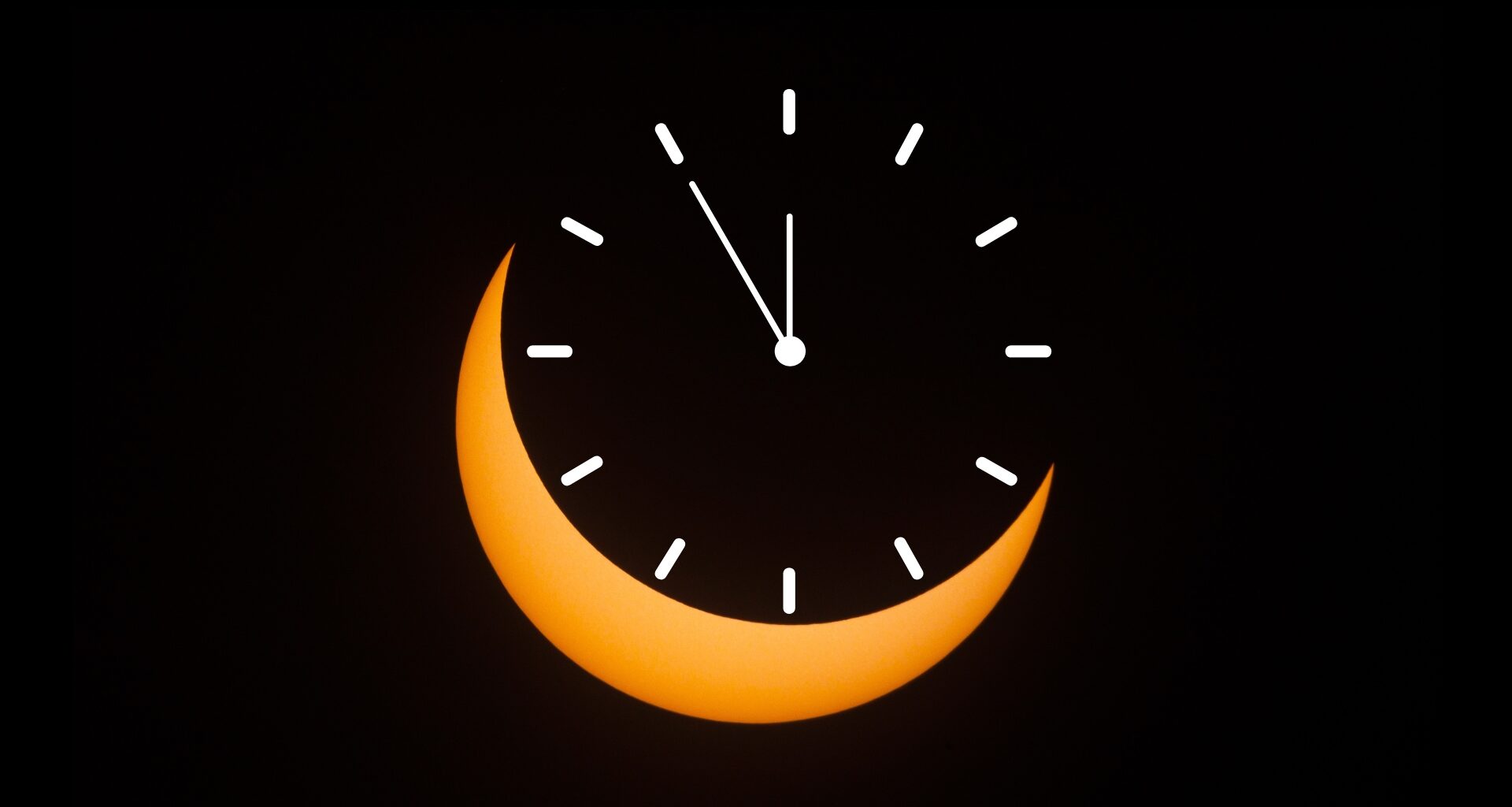 graphic showing a partial solar eclipse whereby the sun appears as a crescent shape, where the moon covers a majority of the sun. Where the moon is located, a clock graphic is situated.