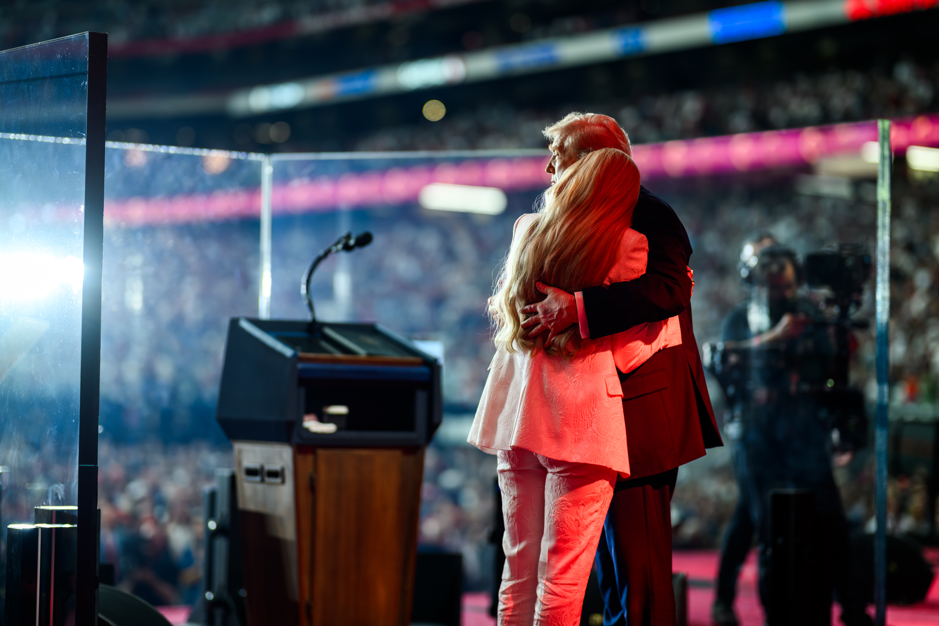 President Donald Trump takes the stage with Erika Kirk at the Memorial Service for Charlie Kirk at State Farm Stadium in Glendale, Arizona, Sunday, September 21, 2025. (Official White House Photo by Daniel Torok)