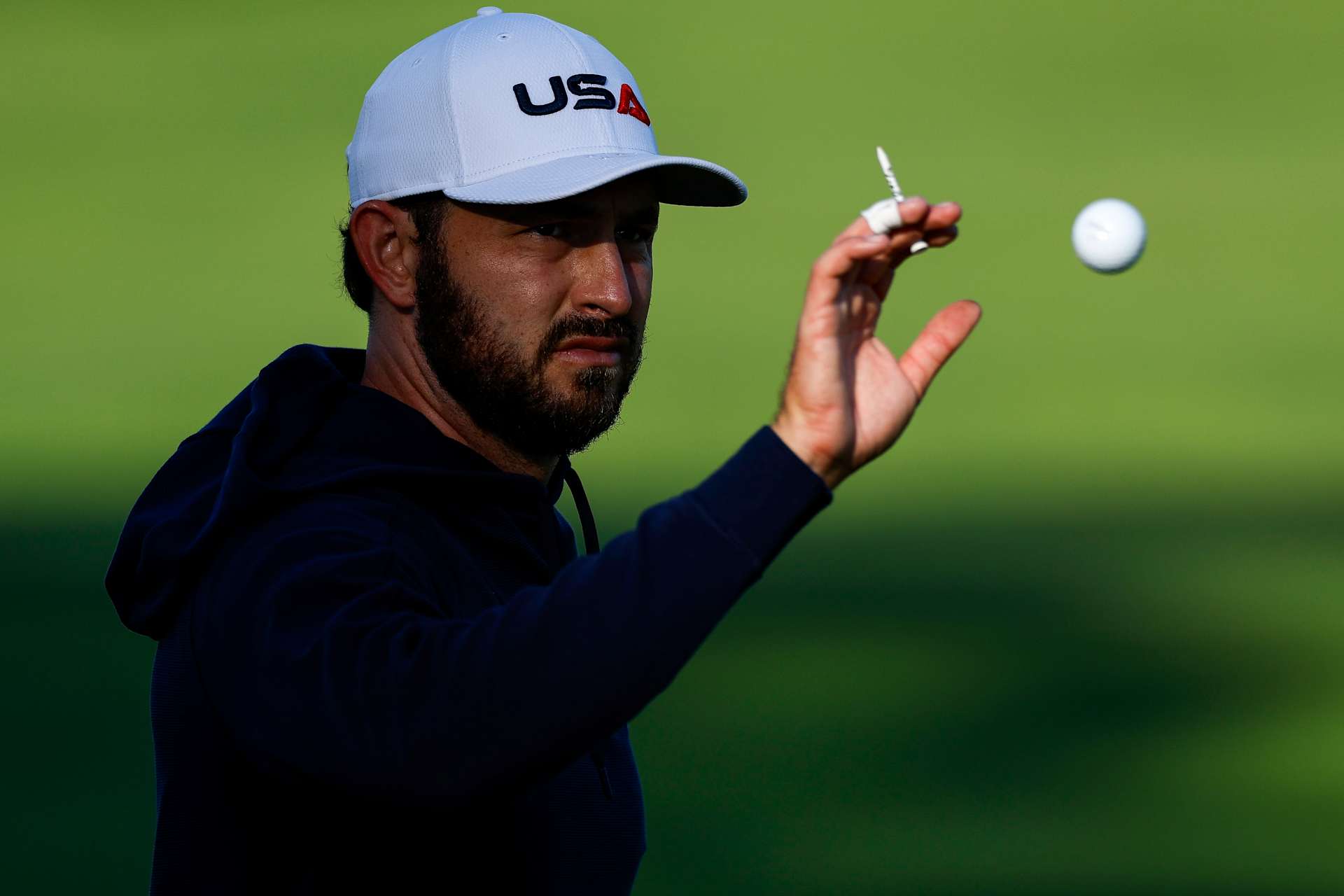 FARMINGDALE, NEW YORK - SEPTEMBER 22: Patrick Cantlay of Team United States catches a ball on the practice range prior to the Ryder Cup 2025 at Black Course at Bethpage State Park Golf Course on September 22, 2025 in Farmingdale, New York. (Photo by Harry How/Getty Images)