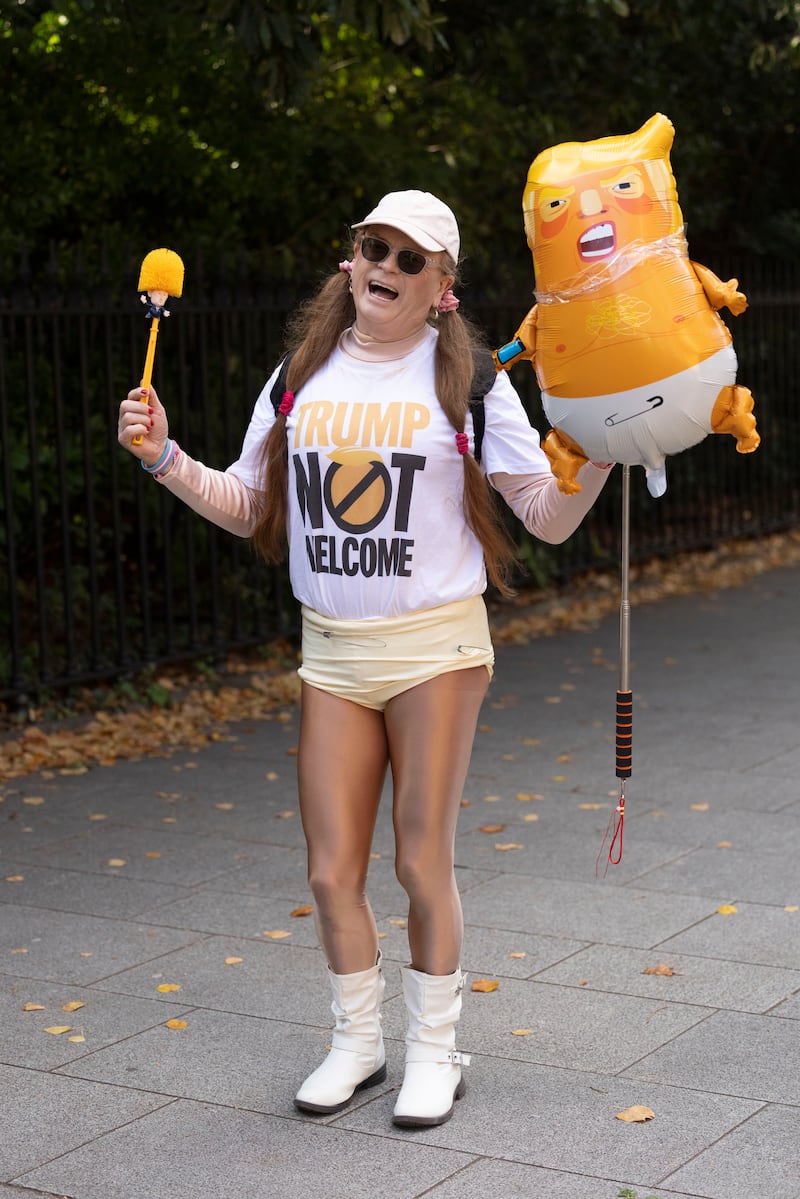 Sylvia Jones wearing a shirt aimed at US president Donald Trump outside the Shelbourne Hotel, Dublin. Photograph: Sam Boal/Collins Photos 