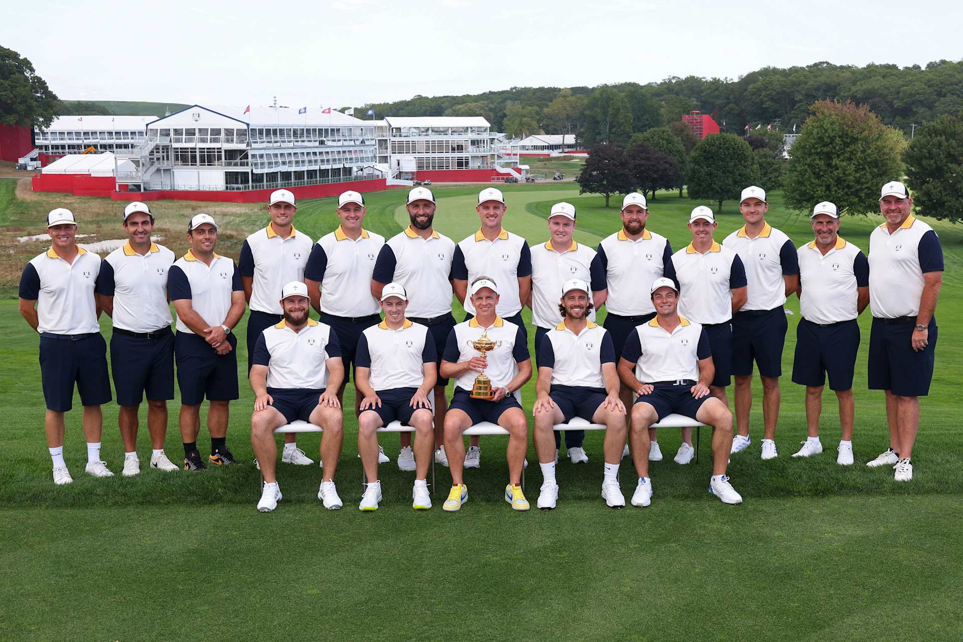 FARMINGDALE, NEW YORK - SEPTEMBER 15: (Top L-R) Vice-captain Alex Noren, vice-captain Edoardo Molinari, vice-captain Francesco Molinari, Ludvig Aberg, Sepp Straka, Jon Rahm, Justin Rose, Robert MacIntyre, Shane Lowry, Rory McIlroy, Rasmus Hojgaard, vice-captain Jose Maria Olazabal, and vice captain Thomas Bjorn (Bottom L-R) Tyrrell Hatton, Matt Fitzpatrick, team captain Luke Donald, Tommy Fleetwood, and Viktor Hovland of Team Europe sit for the official team photo ahead of the 2025 Ryder Cup at Black Course at Bethpage State Park Golf Course on September 15, 2025 in Farmingdale, New York. (Photo by Andrew Redington/Getty Images)