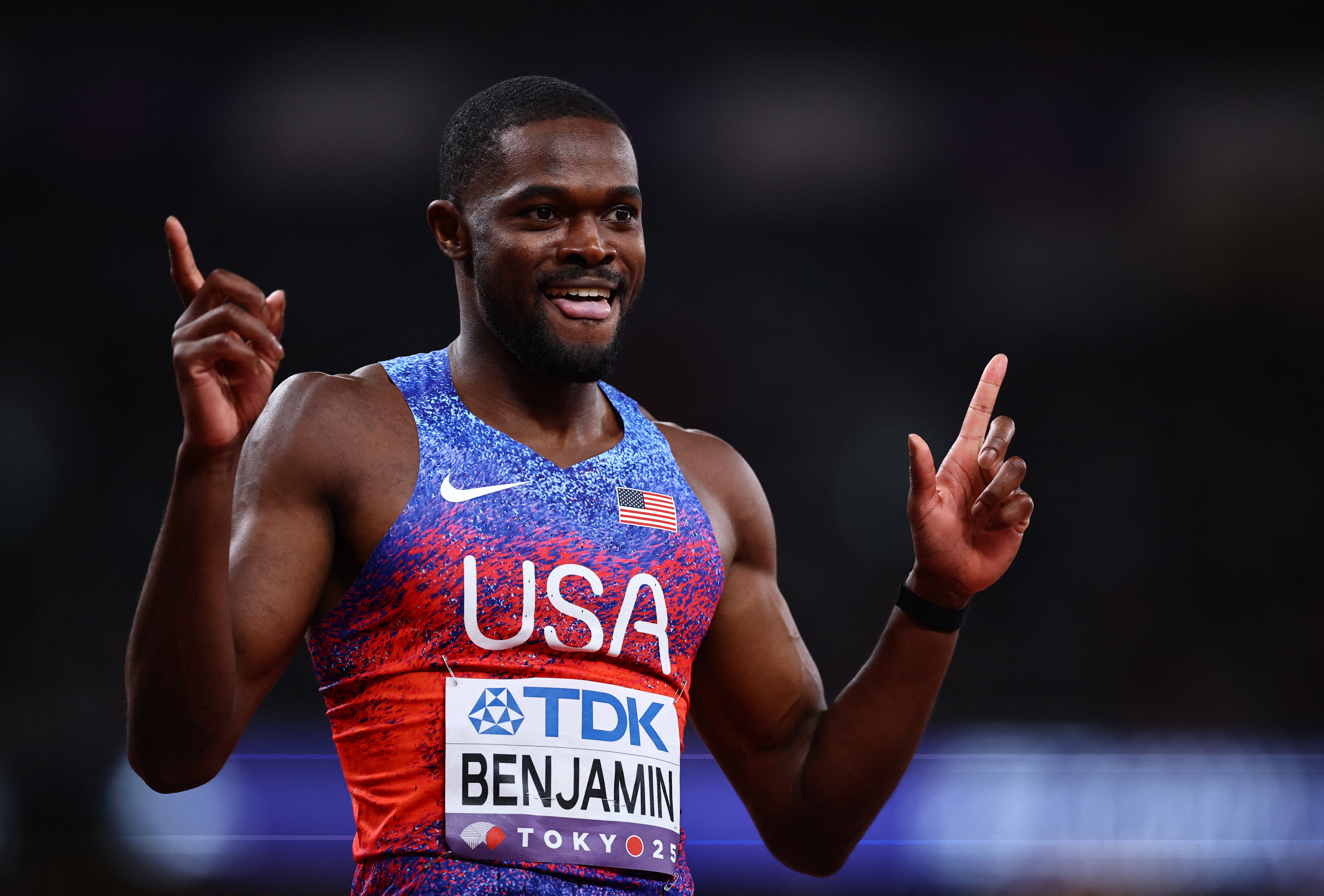 Rai Benjamin of the U.S. celebrates after winning the men's 400m hurdles final