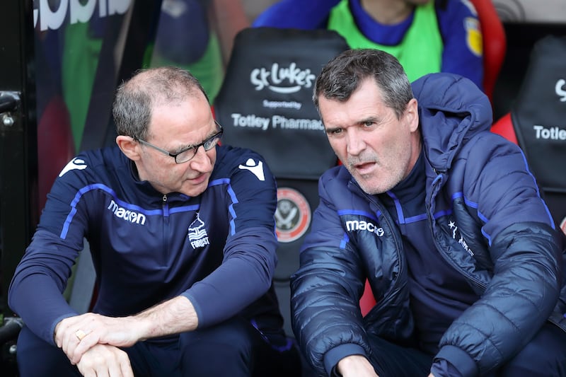 Martin O'Neill and assistant manager Roy Keane during Nottingham Forest's Championship fixture against Sheffield United in April 2019. Photograph: James Williamson - AMA/Getty Images