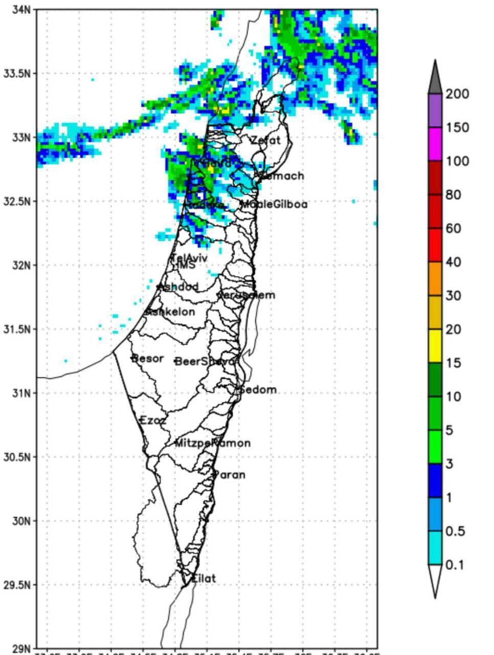מפת כמויות המשקעים המצטברות (במ״מ) מרביעי בלילה ועד חמישי בצהריים