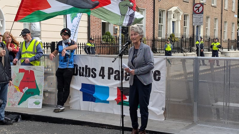 Catherine Connolly addresses a pro-Palestinian demonstration outside Leinster House on the first day of the Dáil after the summer break. Photograph: Cillian Sherlock/PA