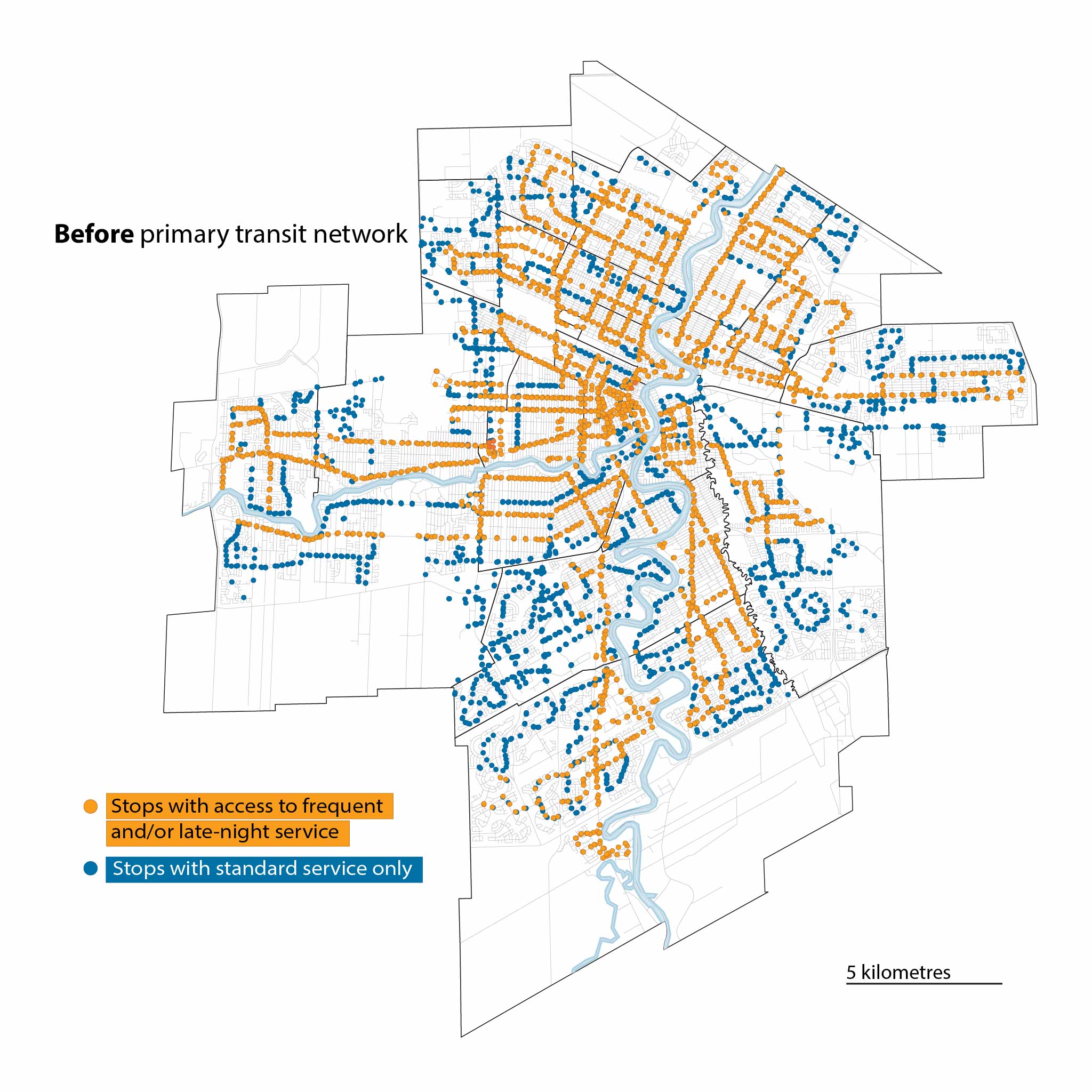 A map of Winnipeg depicting the location of bus stops before the implementation of the primary transit network. Standard-service bus stops are shown in blue, bus stops with access to frequent and/or late night service are shown in yellow