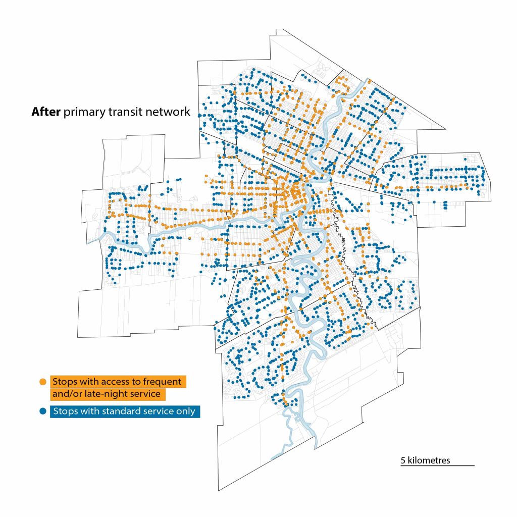 A map of Winnipeg depicting bus stops after the implementation of the primary transit network. Stops with standard service only are depicted in blue, while stops with access to frequent and/or late night service are depicted in yellow