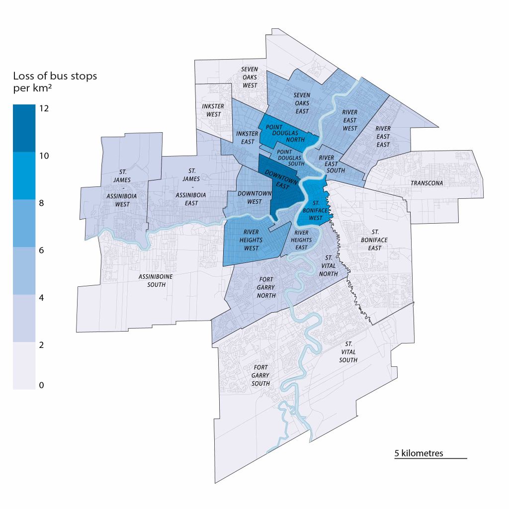 Map of Winnipeg with the city's neighbourhoods coloured in varying shades of purple and blue shows the number of bus stops removed per square kilometre in each neighbourhood. Darker blues indicate greater stop losses.