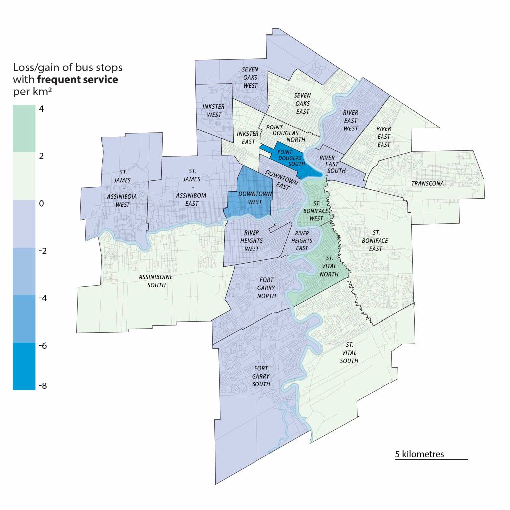 A map of Winnipeg in shades of green, blue and pale purple shows the increase/decrease in the number of Winnipeg Transit bus stops with access to a high frequency bus route. Greens indicate added stops, while purples and blues indicate a loss of stops