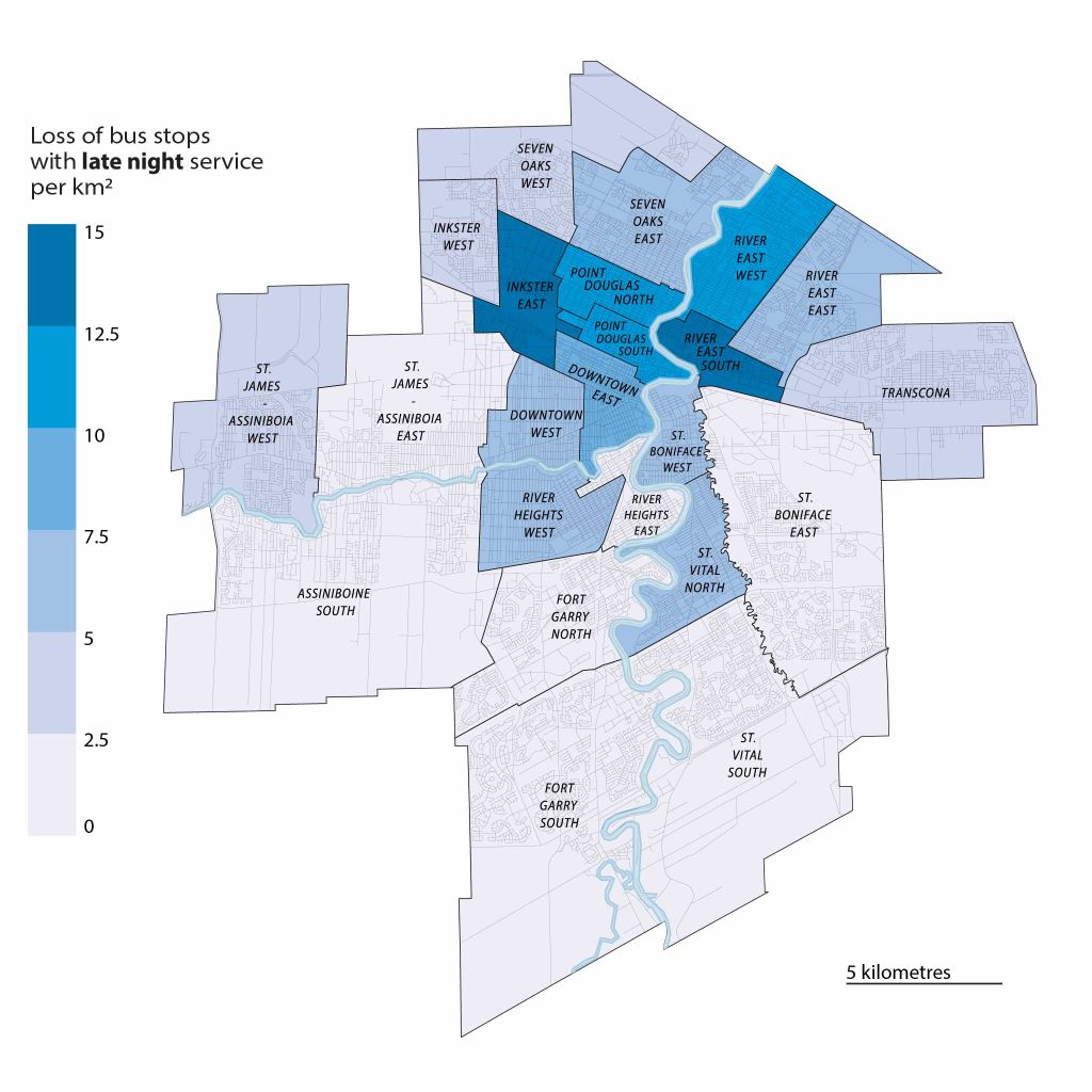 Map of Winnipeg with the city's neighbourhoods coloured in varying shades of purple and blue shows the number of bus stops with access to late night service removed per square kilometre in each neighbourhood. Darker blues indicate greater stop losses.