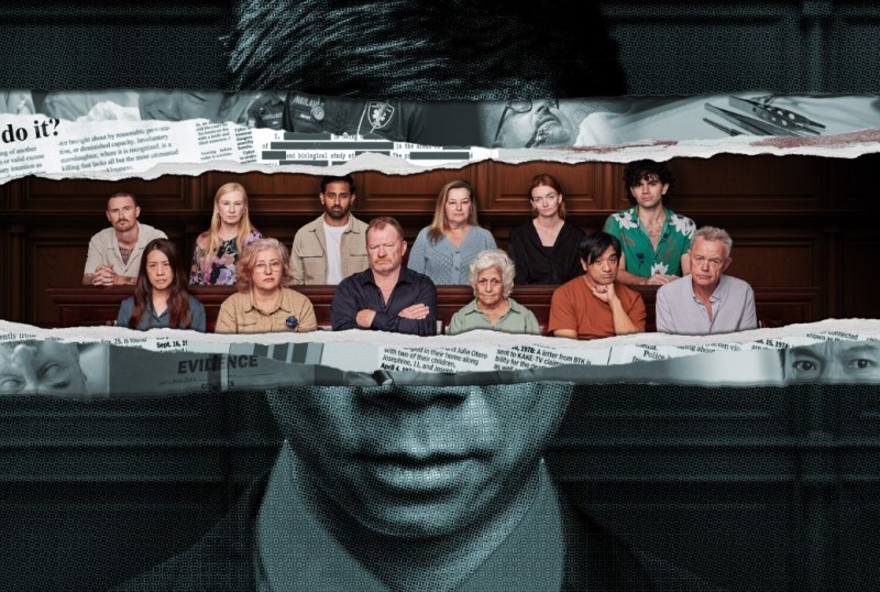 A diverse group of jurors seated in a courtroom, with newspaper clippings and evidence images layered in the background, symbolising a complex legal drama. The jurors display a range of emotions, reflecting the tension and gravity of the case at hand.