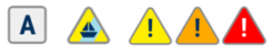Met Éireann’s weather warning icons (from left to right): Advisory, Small Craft Warning, Yellow, Orange and Red warnings icons for land and marine warnings