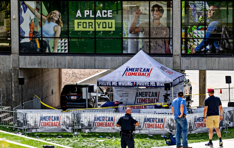 The tent where Charlie Kirk was fatally shot while speaking during an event at Utah Valley University in Orem, Utah. Photograph: Kim Raff/The New York Times
                      
