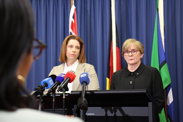 Communications Minister Anika Wells and Australian Communications Media Authority chair Nerida O’Loughlin address the media in Brisbane on Monday morning.