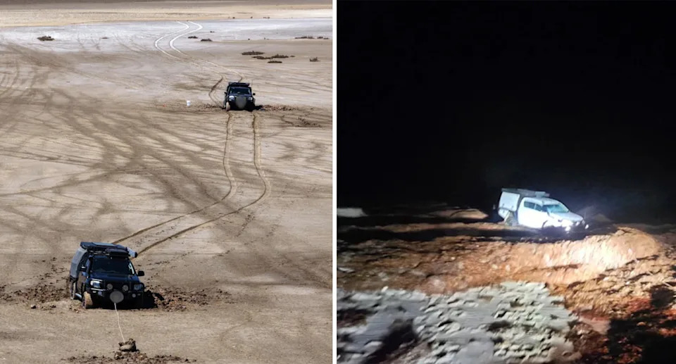 Two 4WD bogged in salt pan (left) and a 4WD bogged in seaweed (right). 