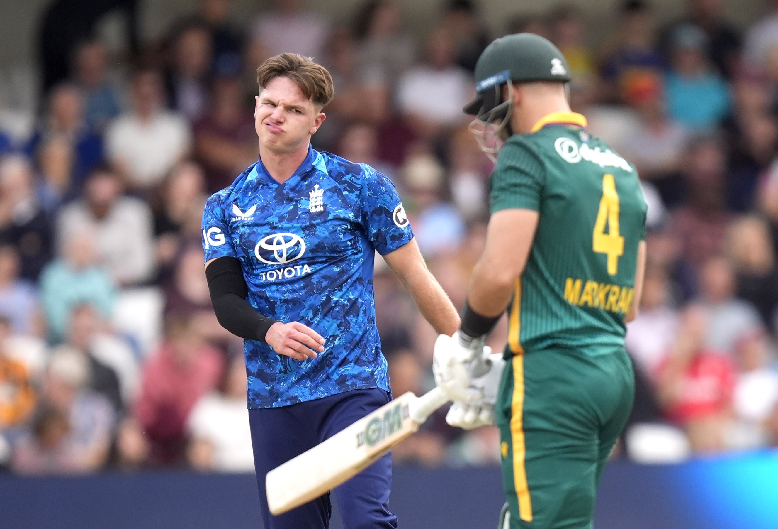 Sonny Baker, left, endured a difficult England debut with Aiden Markram putting him to the sword