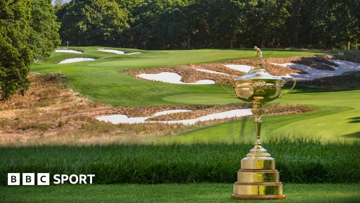 The Ryder Cup trophy on a tee at Bethpage Black