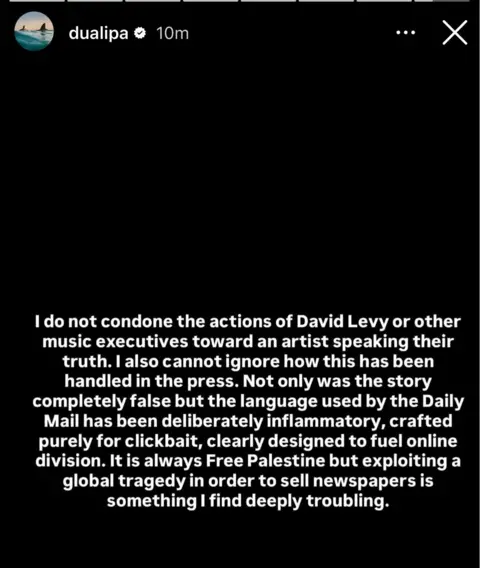 Dua Lipa / Instagram A screenshot of Dua Lipa's statement