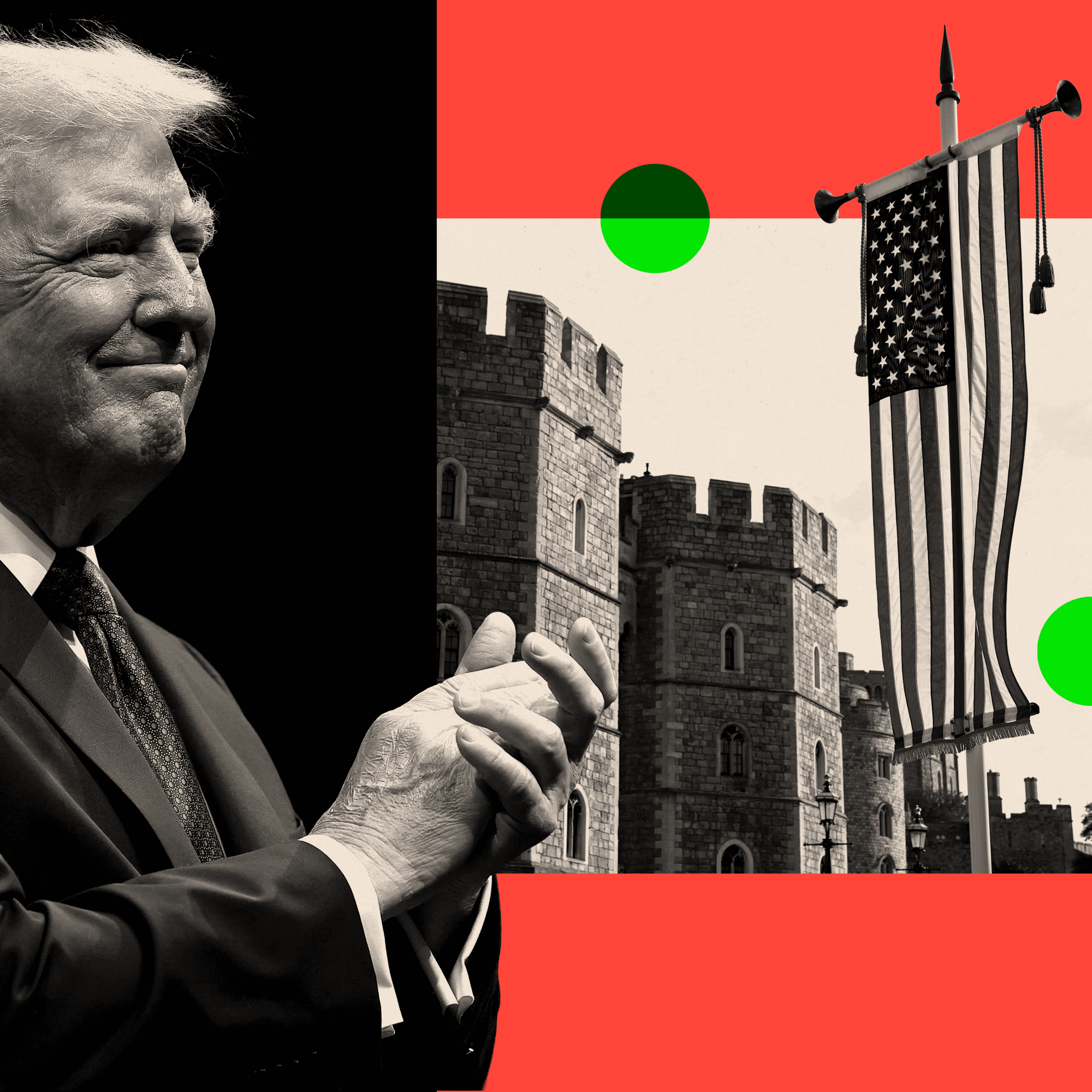 A montage treated image of President Trump and a flag flying in Windsor 